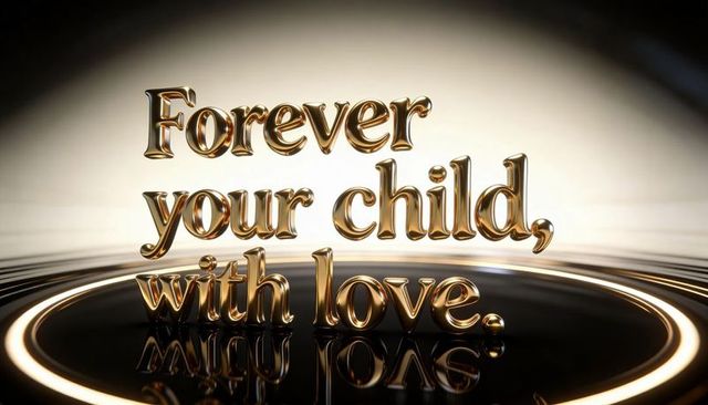 Shining golden 3d typography 'forever your child, with love' on reflective black stage