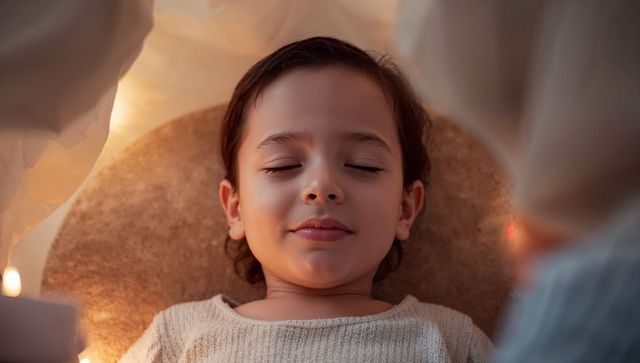 Resting young girl in cozy blanket fort with warm fairy lights and knit sweater