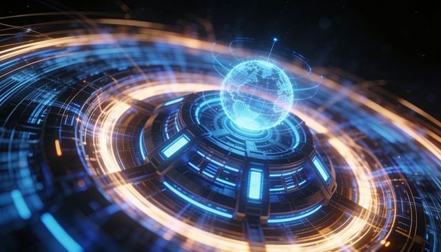 Rotating Futuristic Holographic Globe Projecting Live Data Rings on Orbital Tech Platform