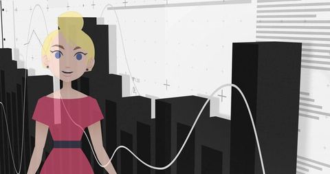 Blonde presenter in pink dress showcasing black bar chart with flowing analytics line