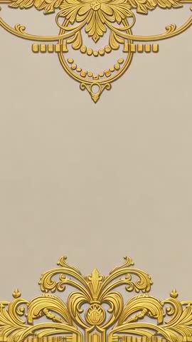 Vertical video showing shifting ornate gold crest and sliding border on beige panel with sparkle