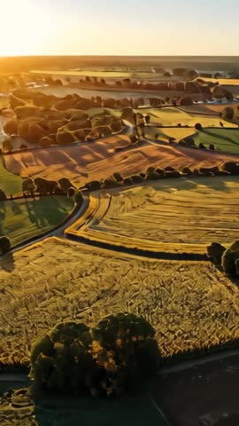 Vertical drone revealing golden-hour patchwork fields, hedgerow lanes and drifting smoke