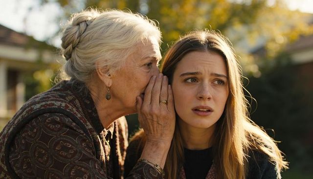 Grandmother whispering secret to adult granddaughter in sunlit backyard garden family moment