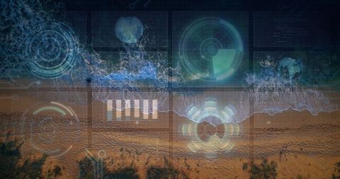 Futuristic hud displays aerial holographic data over coastal scene