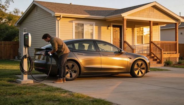 Man plugging electric sedan into home charging station on suburban driveway at sunset
