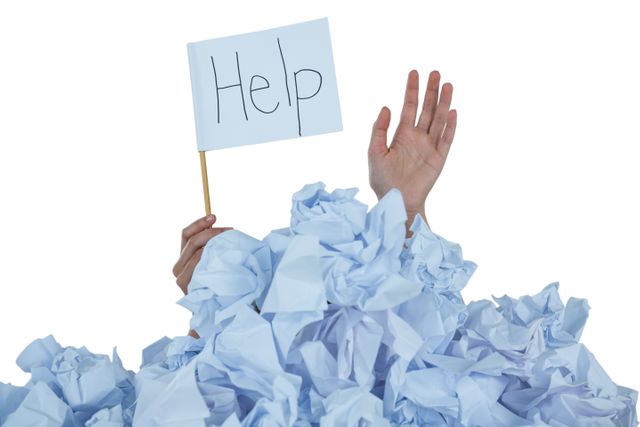 Conceptual image of woman in heap of crumple paper asking for help against white background 
