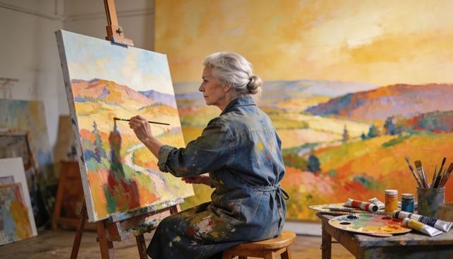 Senior woman painting vibrant landscape in sunlit studio, denim smock, creative atelier