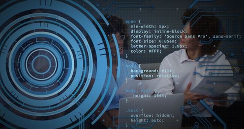Tech Team Collaborating Amidst Digital Coding Interface - Download Free Stock Images Pikwizard.com