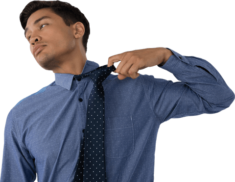 Elegant man loosening necktie on transparent background