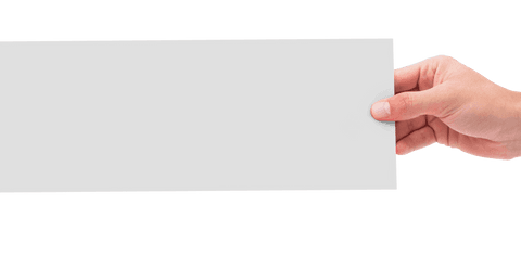 Caucasian hand holding white card on transparent background