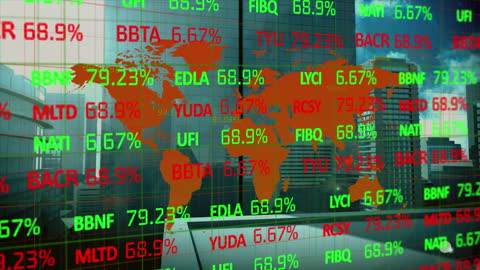 Global Stock Market and World Map on Cityscape Background