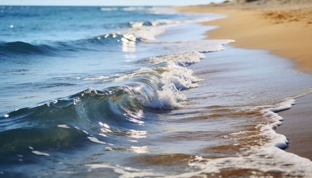 Sunlit curling wave washing over wet sand on tranquil turquoise beach shore at low tide