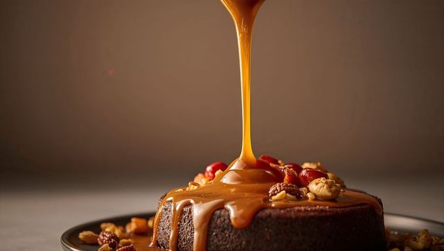 Glossy caramel pouring over rich chocolate cake with nuts and cherries topping
