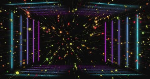 Neon tunnel radiating particle burst with converging light streaks for futuristic tech