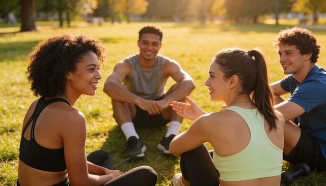 Young adults chatting and resting after outdoor workout in sunlit park at golden hour