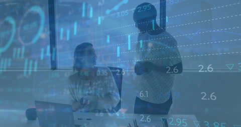 Financial Analysis Team Collaborating with Data Graphics Overlay