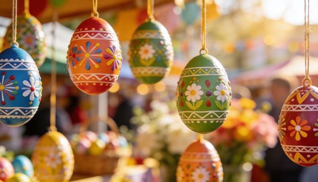 Handmade Floral Painted Easter Eggs Hanging and Swaying in Warm Sunlit Market Stall Display