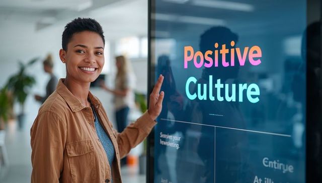 Smiling professional touching interactive screen promoting positive culture in office
