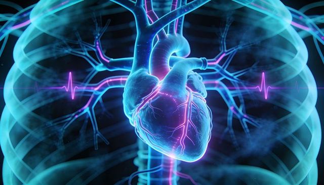 Neon 3d glowing human heart showing coronary vessels with ecg waveform and rib cage