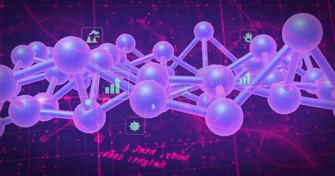 Glowing molecular lattice on neon grid with data icons, futuristic nanotech visualization