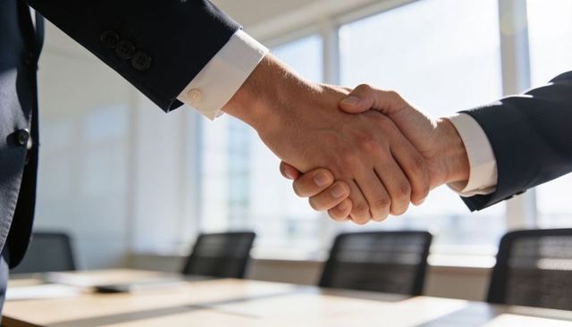 Executives shaking hands in bright boardroom sealing strategic partnership and agreement
