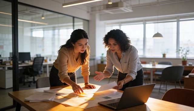 Two women collaborating over printed documents at wooden table in bright open office