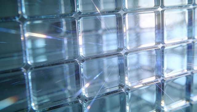 Glowing glass block grid refracting blue light, frosted texture, lens flare pattern