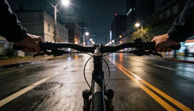 Pov night cycling on wet city street with reflections and motion blur, hands on handlebars