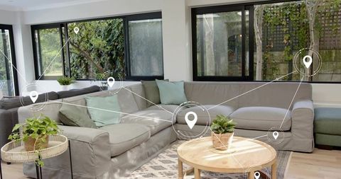 Modern L-shaped Gray Sectional Sofa in Bright Minimal Living Room with Pastel Pillows, UI Overlay