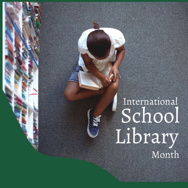 This stock photo spotlights a young African American girl sitting on the floor in a school library, engrossed in a book. The photo celebrates International School Library Month, emphasizing the love for reading and the importance of libraries in education. This versatile image is ideal for using in educational campaigns, library promotions, school materials, literacy programs, and online teaching resources.