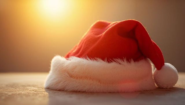 Santa Hat Resting on Table, Glowing Warm Backlight and Soft Fur Trim