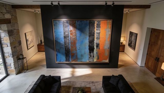 Oversized abstract impasto painting on matte black accent wall with dramatic spotlighting