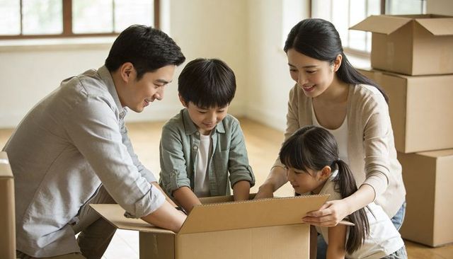 Family Unpacking in New Home Moving Day Joy Parents and Children Unboxing Together