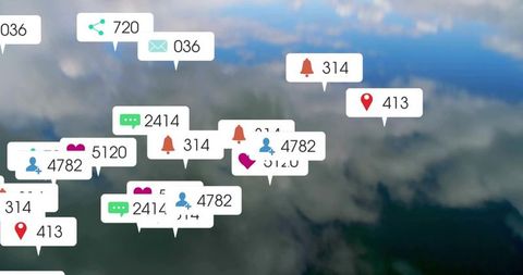 Floating social media notifications hovering over cloudy aerial background with counters