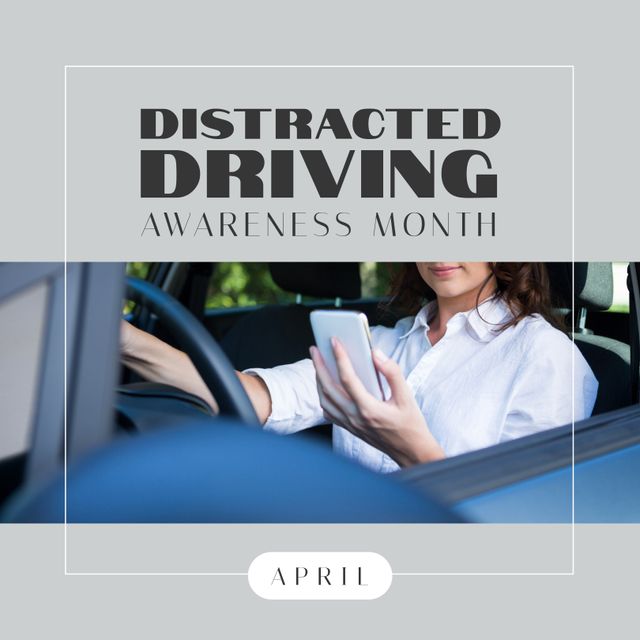 Young Caucasian woman driver using smartphone while driving car. Ideal for promoting awareness campaigns about the dangers of distracted driving during April's Distracted Driving Awareness Month.