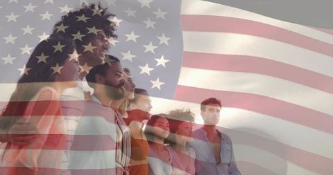 Diverse group reflecting on american values united under flag
