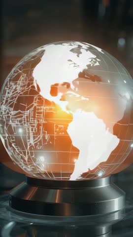 Rotating Glass Globe with Circuitry and Pulsing Amber LEDs on Metal Base — Futuristic Data Network