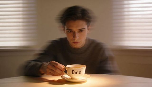 Young man reaching for teacup labeled face under warm light, introspective minimal portrait
