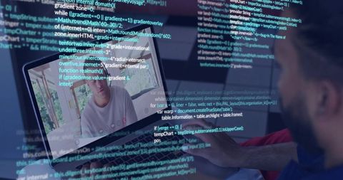 Remote Developer Typing on Laptop in Bed During Video Call with Floating Code Overlay
