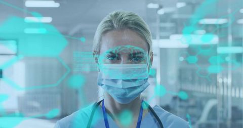 Masked clinician wearing stethoscope interacting with holographic brain HUD, hospital ward