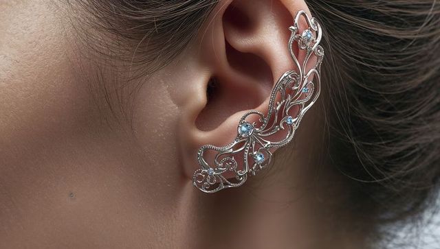 Female Wearing Ornate Silver Filigree Ear Cuff with Light Blue Gemstones Macro Jewelry