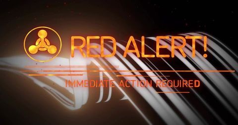 Red alert hud emergency warning overlay with amber glowing text and motion streaks