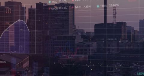 Dusk city skyline with financial charts overlaying glass reflection for urban analytics
