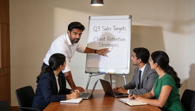 Presenting leader pointing at flipchart during q3 sales client retention strategy meeting