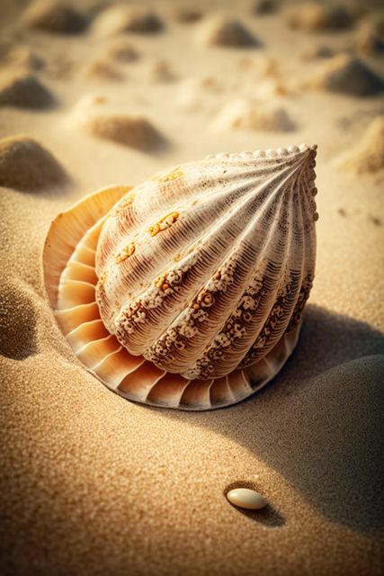 Seashell resting on golden sand, beautifully illuminated by sunlight, emphasizing its intricate textures and patterns. Ideal for beach-themed designs, vacation promotions, travel blogs, and decorative use.