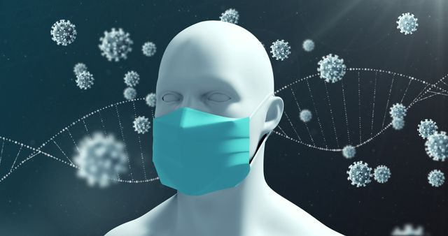 Human Model Wearing Face Mask with Floating COVID-19 Cells and DNA Strand - Download Free Stock Images Pikwizard.com