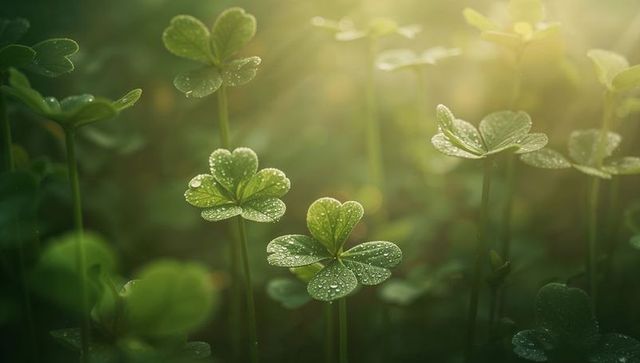 Sunlit four-leaf clover cluster glistening with morning dew, macro luck and nature concept