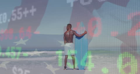 Surfer Embracing Work-Life Balance with Subtle Economic Overlay