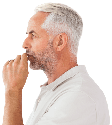 Pensive Mature Man Holding Finger to Lips in Silent Gesture Transparent Background