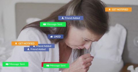 Mature Woman Coughing with Social Media Notifications Overlay